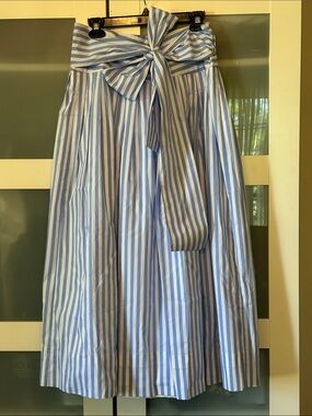 Striped Blue and White A-Line Midi Skirt with Waist Tie